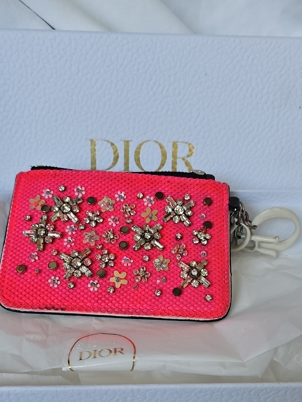 CHRISTIAN DIOR Pink Stardust Embellished Mini Card Pouch Keyring
